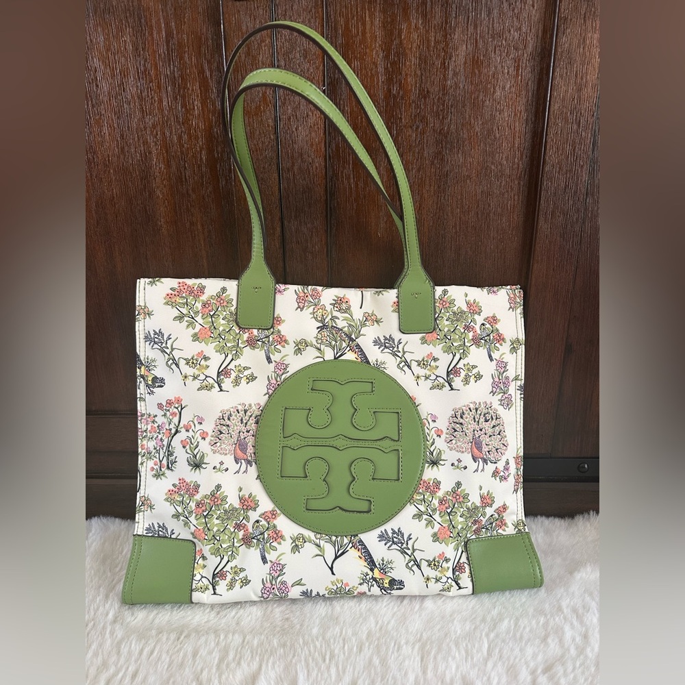 Tory Burch Beige Green Flower Tote